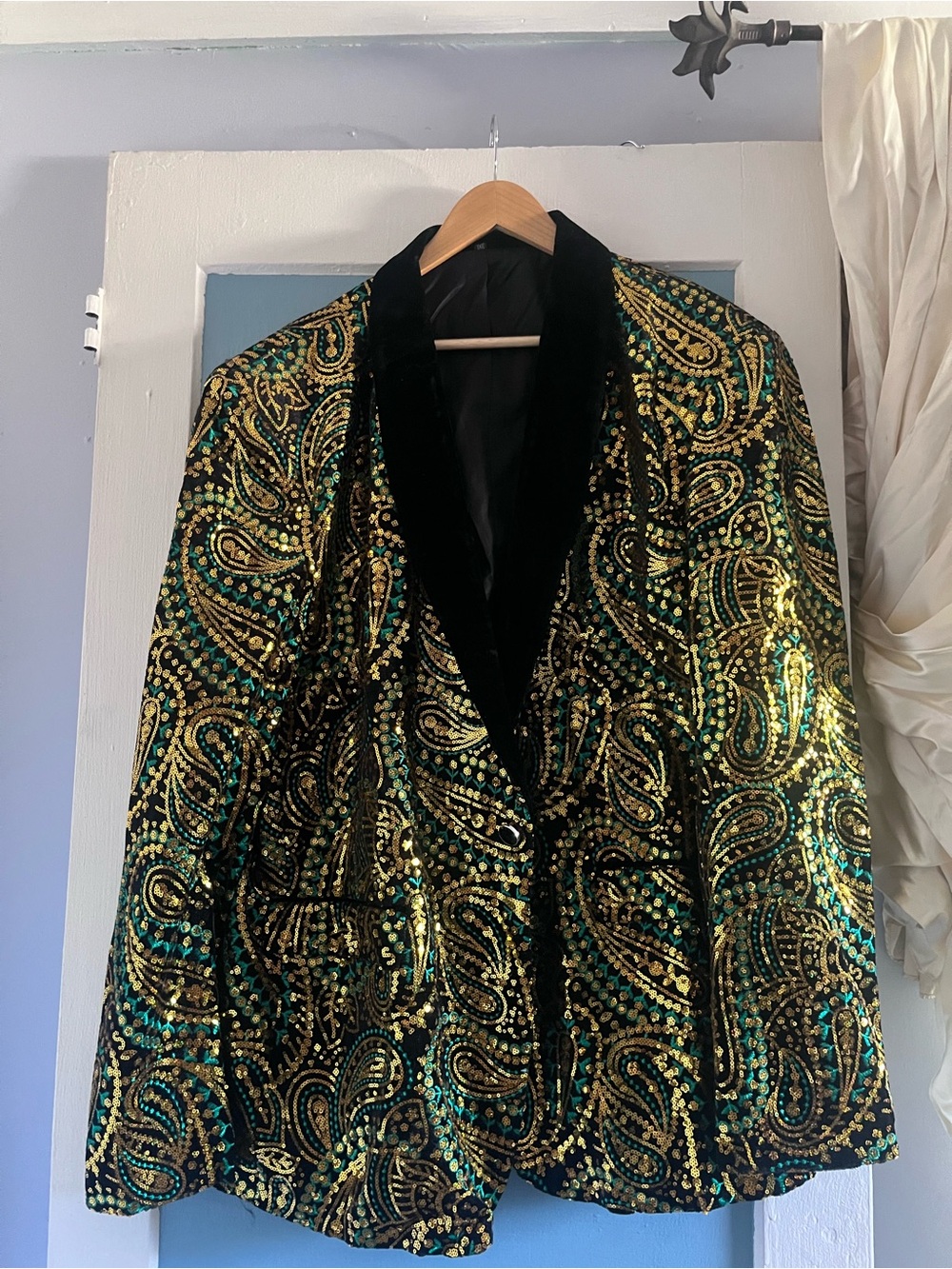 Gold & Green Sequin Paisley Blazer Jacket Mens 3X Velvet shawl collar NWT